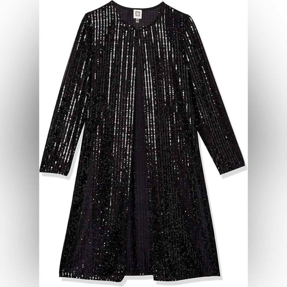 Anne Klein Black Metallic Geo Sequins Silver Sparkle Duster Cardigan Jacket